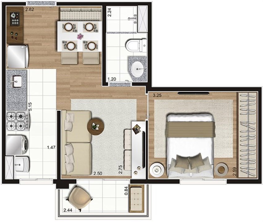 Planta 36 m² | Praças da Cidade – Brás - São Paulo - São Paulo Planta 36 m² | Praças da Cidade – Apartamento no Brás - São Paulo - São Paulo